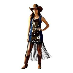 Real Cowhide Dress, Leather Fringe. Lace up corset back. Fully Lined. Side Zip